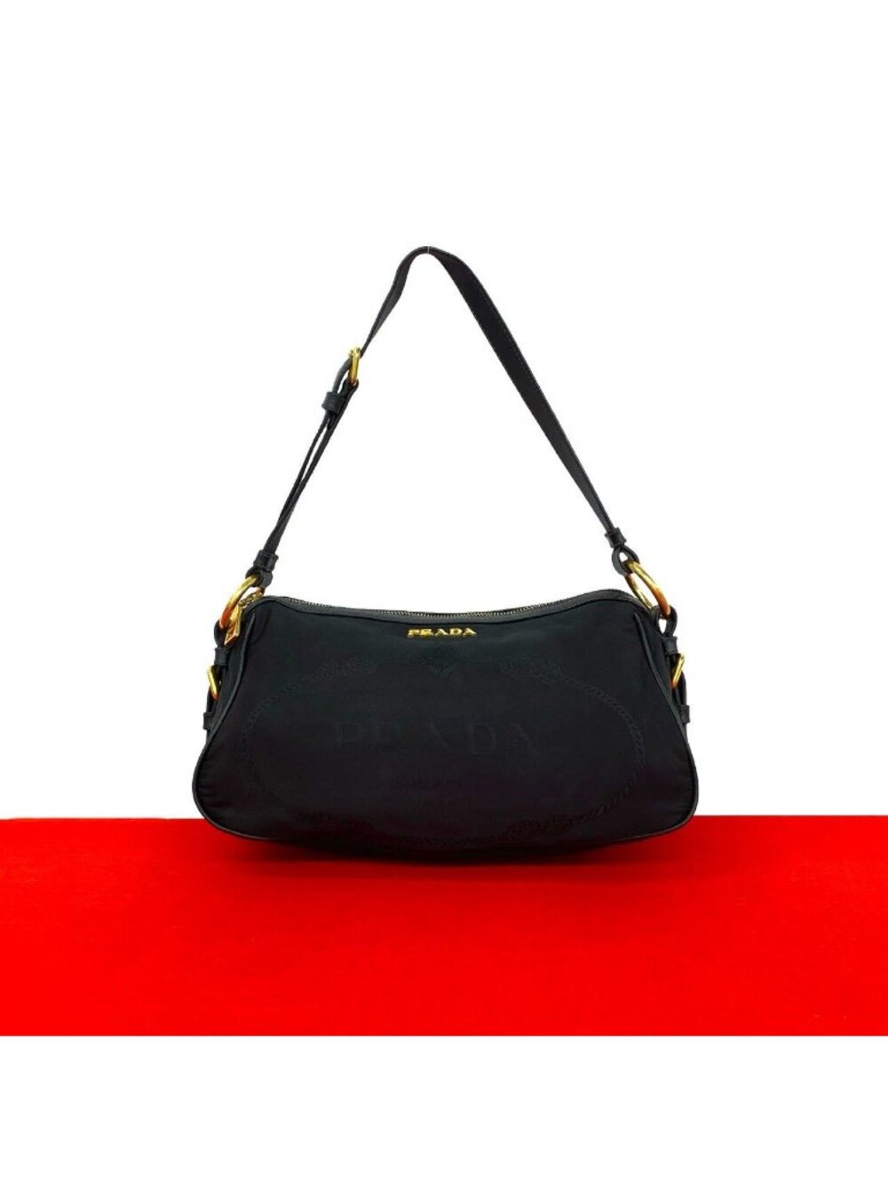 Prada Logo Tessuto Pocono Nylon Saffiano Leather Shoulder Bag Black